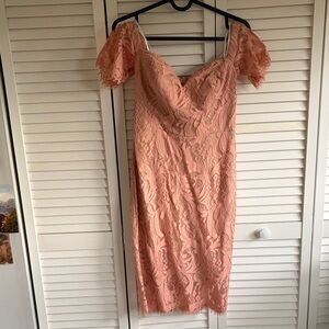 a'gaci Peach Lace Off-Shoulder Midi Dress